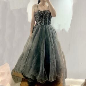 Tulle Sequin Long Graduation Formal Dress Prom Evening Gown Layered A-line Gray